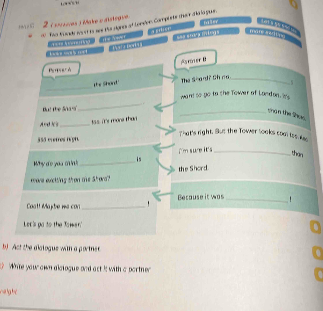 Londans 
taller 
6 9/1 4 5 2 ( spekking ) Make a dialogue. 
a) Two friends want to see the sights of London. Complete their dialogue 
F ete go and s 
a prison 
that's boring see scary things more exciting 
mors interesting the tower 
lonks really coal 
Partner B 
Partner A 
_ 
The Shard? Oh no,_ 
the Shard! 1 
want to go to the Tower of London. It's 
_1 
But the Shard 
_than the Shard. 
And it's_ 
too. It's more than 
That's right. But the Tower looks cool too. And
300 metres high. 
I'm sure it's_ 
than 
Why do you think_ 
is 
the Shard. 
more exciting than the Shard? 
Because it was_ 
！ 
Cool! Maybe we can_ 
Let's go to the Tower! 
a 
b) Act the dialogue with a partner. 
. 
) Write your own dialogue and act it with a partner 
reight