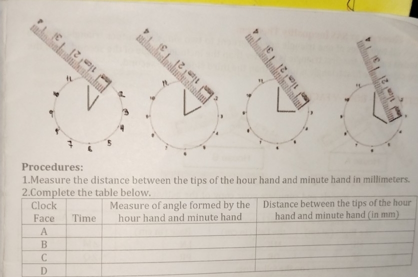 Procedures: 
1.Measure the distance between the tips of the hour hand and minute hand in millimeters. 
2.Complete the table below. 
Clock Measure of angle formed by the Distance between the tips of the hour
Face Time hour hand and minute hand hand and minute hand (in mm) 
A 
B 
C 
D