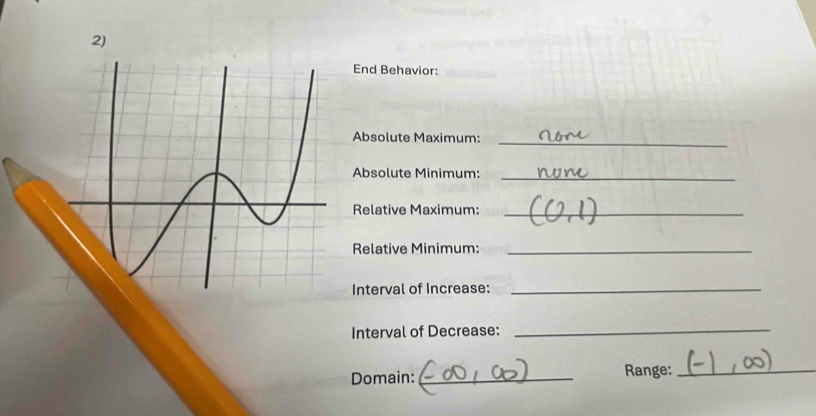 End Behavior: 
Absolute Maximum: 
_ 
Absolute Minimum:_ 
Relative Maximum:_ 
Relative Minimum:_ 
Interval of Increase:_ 
Interval of Decrease:_ 
Domain:_ Range:_