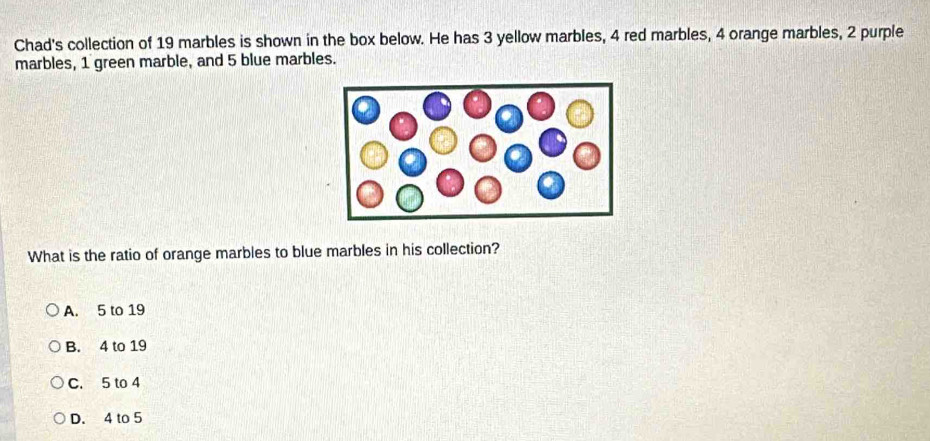 Chad's collection of 19 marbles is shown in the box below. He has 3 yellow marbles, 4 red marbles, 4 orange marbles, 2 purple
marbles, 1 green marble, and 5 blue marbles.
What is the ratio of orange marbles to blue marbles in his collection?
A. 5 to 19
B. 4 to 19
C. 5 to 4
D. 4 to 5