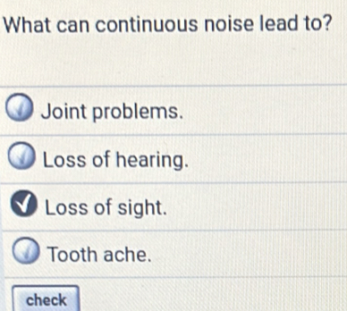 What can continuous noise lead to?
Joint problems.
Loss of hearing.
Loss of sight.
Tooth ache.
check