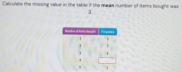 Calculate the missing value in the table if the mean number of items bought was
3.