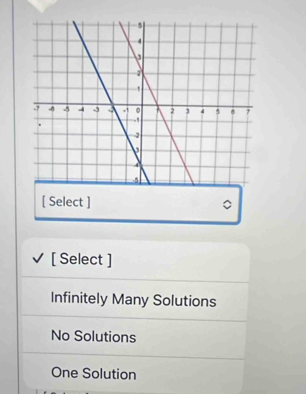 [ Select ]
[ Select ]
Infinitely Many Solutions
No Solutions
One Solution