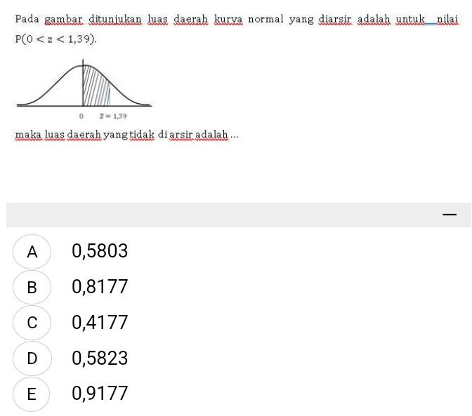 Pada gambar ditunjukan luas daerah kurva normal yang diarsir adalah untuk nilai
P(0
maka luas daerah yang tidak di arsir adalah ...

A 0,5803
B 0,8177
c 0,4177
D 0,5823
E 0,9177