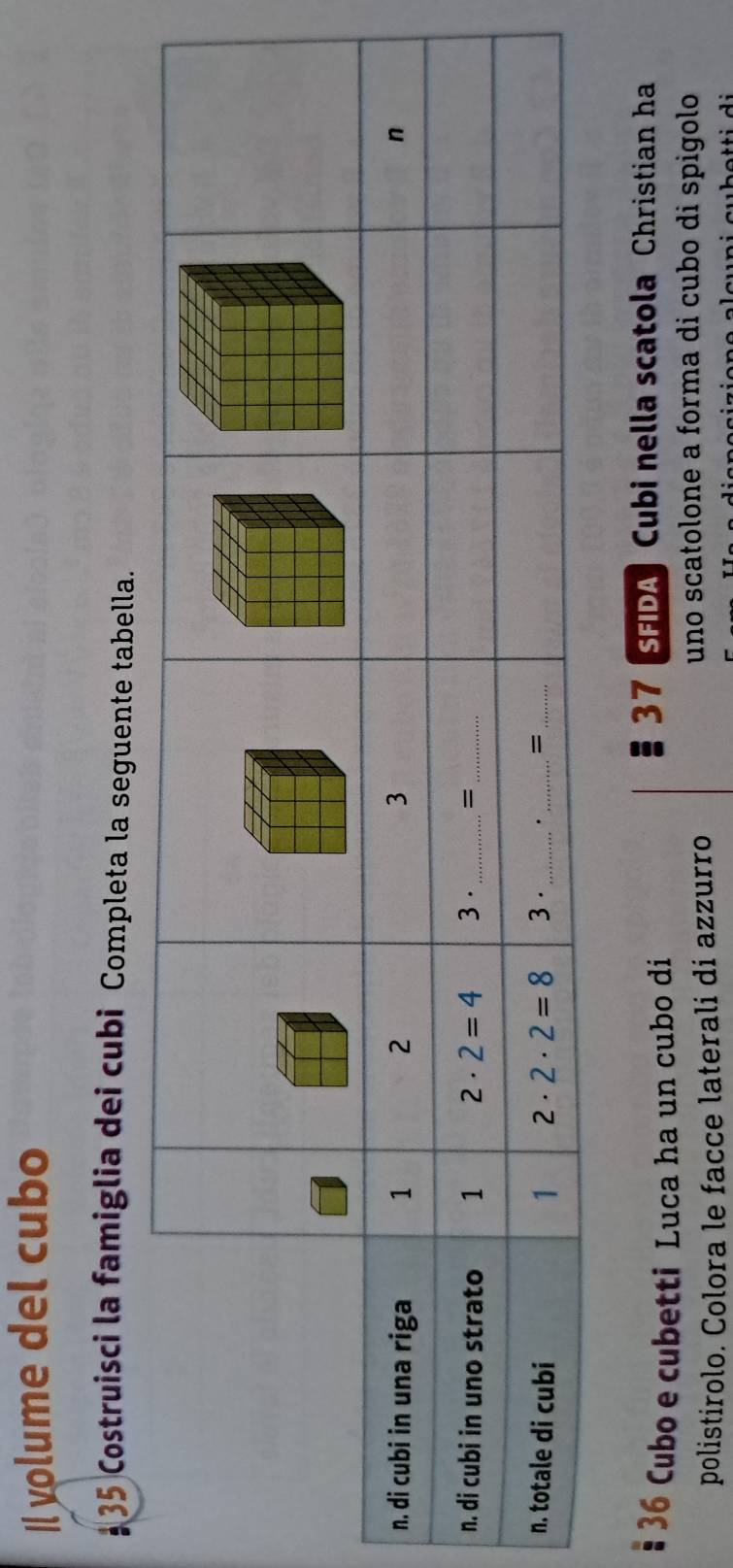 Il volume del cubo
35 Costruisci la famiglia dei cubi Completa la seguente tabella.
36 Cubo e cubetti Luca ha un cubo di
37 SFDA Cubi nella scatola Christian ha
polistirolo. Colora le facce laterali di azzurro
uno scatolone a forma di cubo di spigolo