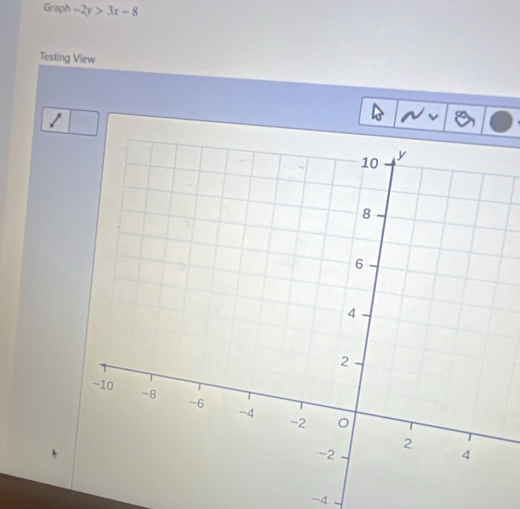 Graph -2y>3x-8
Testing View
-4