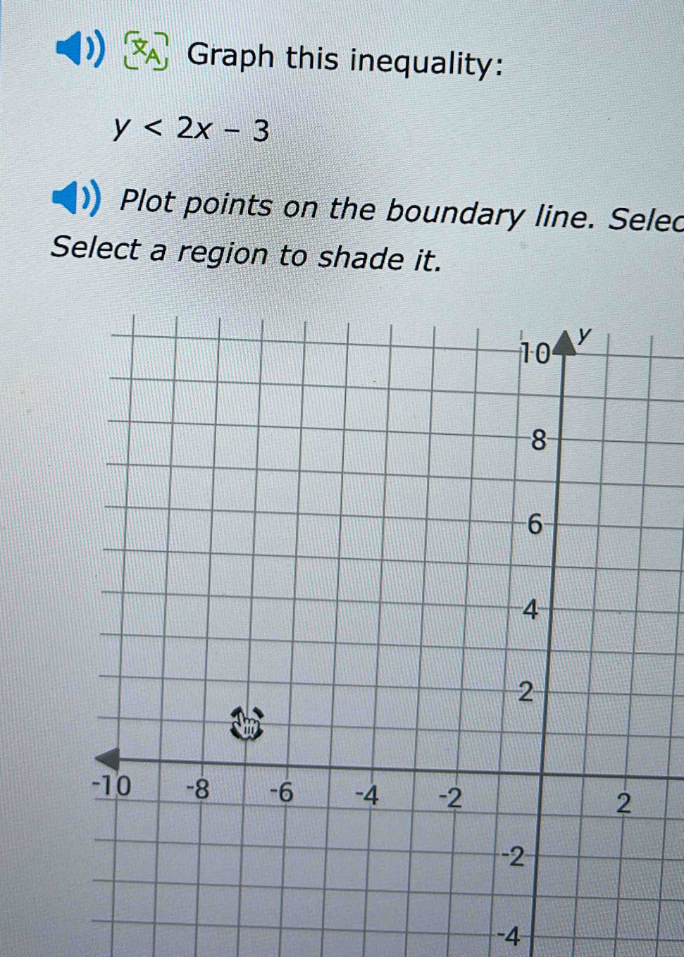 Graph this inequality:
y<2x-3</tex> 
Plot points on the boundary line. Seled 
Select a region to shade it.
-4