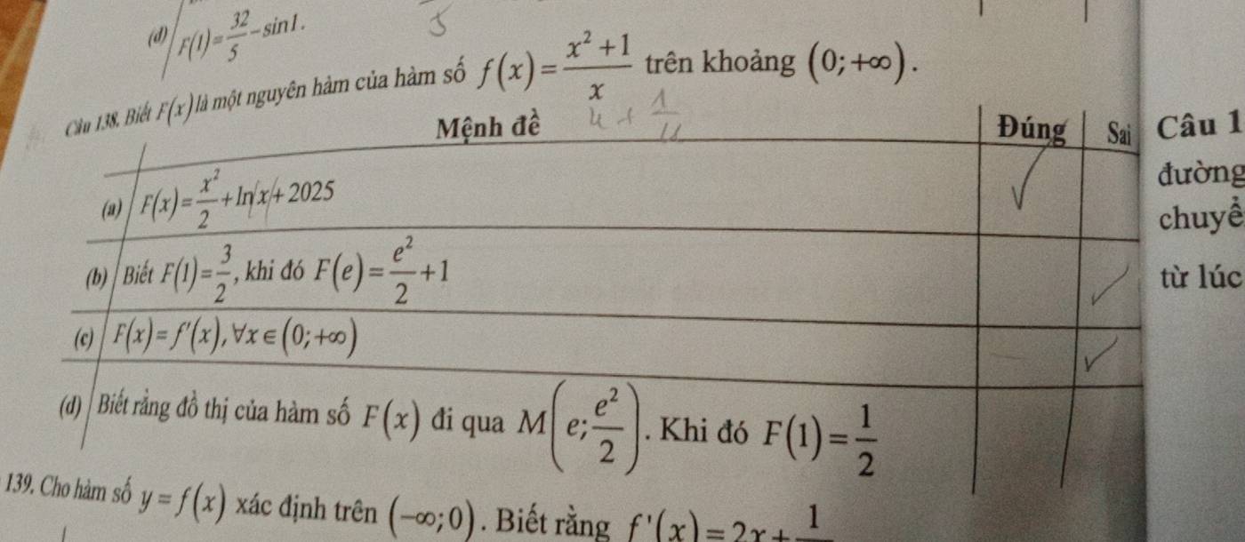 F(1)= 32/5 -sin 1.
m của hàm số f(x)= (x^2+1)/x  trên khoảng (0;+∈fty ).
1
g
ể
c
13. Biết rằng f'(x)=2x+frac 1