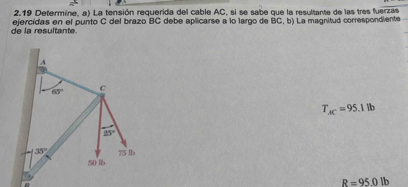 2.19 Determine, a) La tensión requerida del cable AC, si se sabe que la resultante de las tres fuerzas
ejercidas en el punto C del brazo BC debe aplicarse a lo largo de BC, b) La magnitud correspondiente
de la resultante.
T_AC=95.1lb
R=95.01b