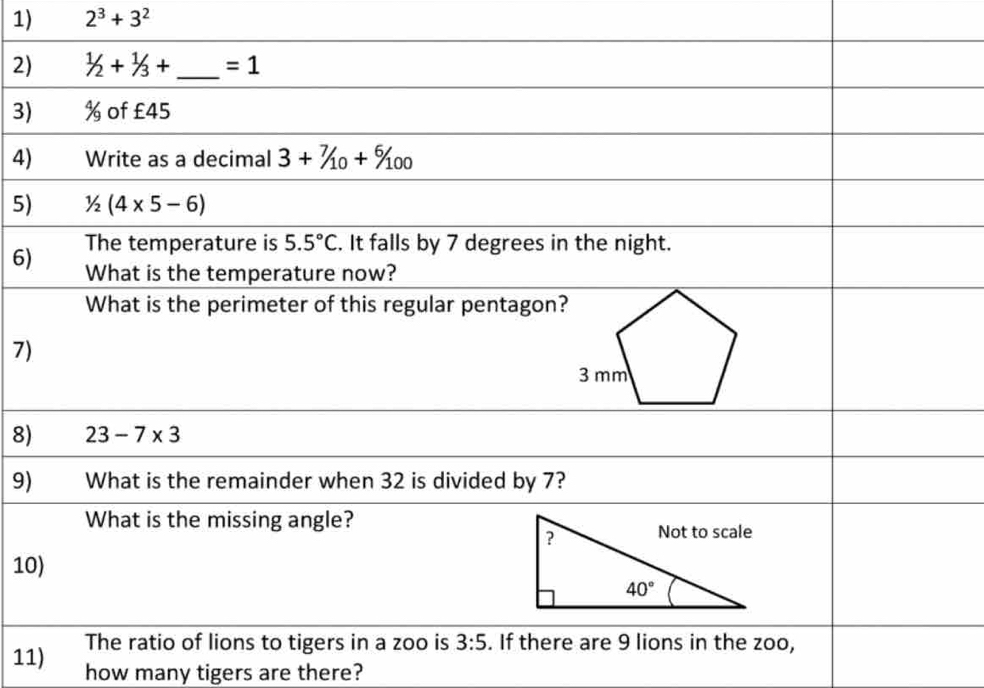 2^3+3^2
2)
3)
4)
5)
6)
7)
8)
9)
10
11) how many tigers are there?