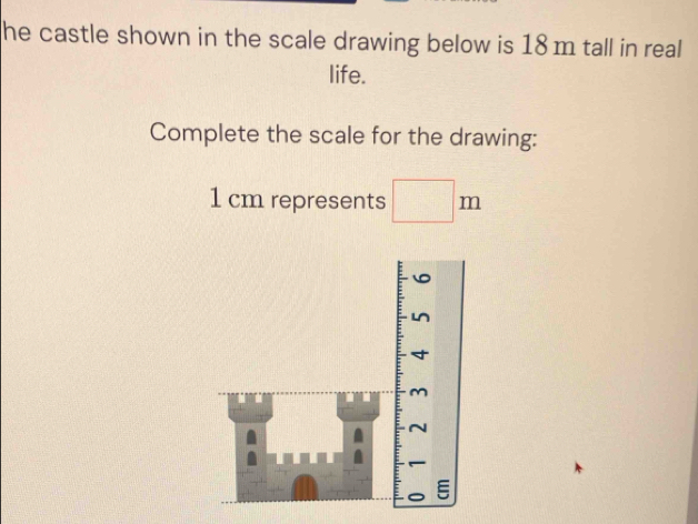 Solved: he castle shown in the scale drawing below is 18 m tall in real ...