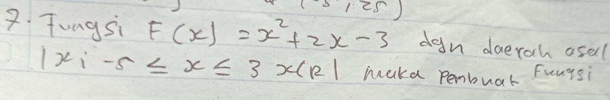 125 
2. Tungsi F(x)=x^2+2x-3 dan daerah asel
|x_i-5≤ x≤ 3x(12) maka pembuar Fungsi