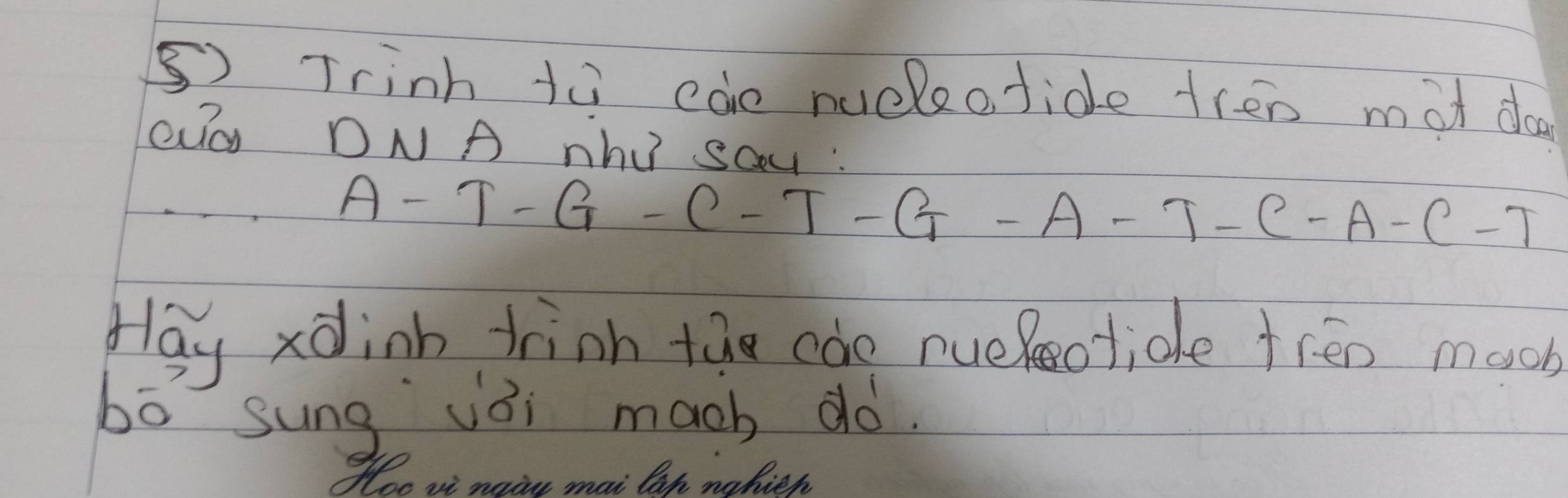 ⑤) Trinh ta cae nueleo fide tren mot doo 
Ouó DN A nhU scu :
A-T-G-C-T-G-A-T-C-A-C-T
pay xdinh trinh tie cde nueotide trén mooh 
bā sung vài mach dó. 
Hoe vi nai mai lih nabich