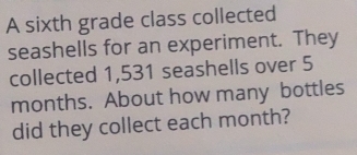 A sixth grade class collected 
seashells for an experiment. They 
collected 1,531 seashells over 5
months. About how many bottles 
did they collect each month?