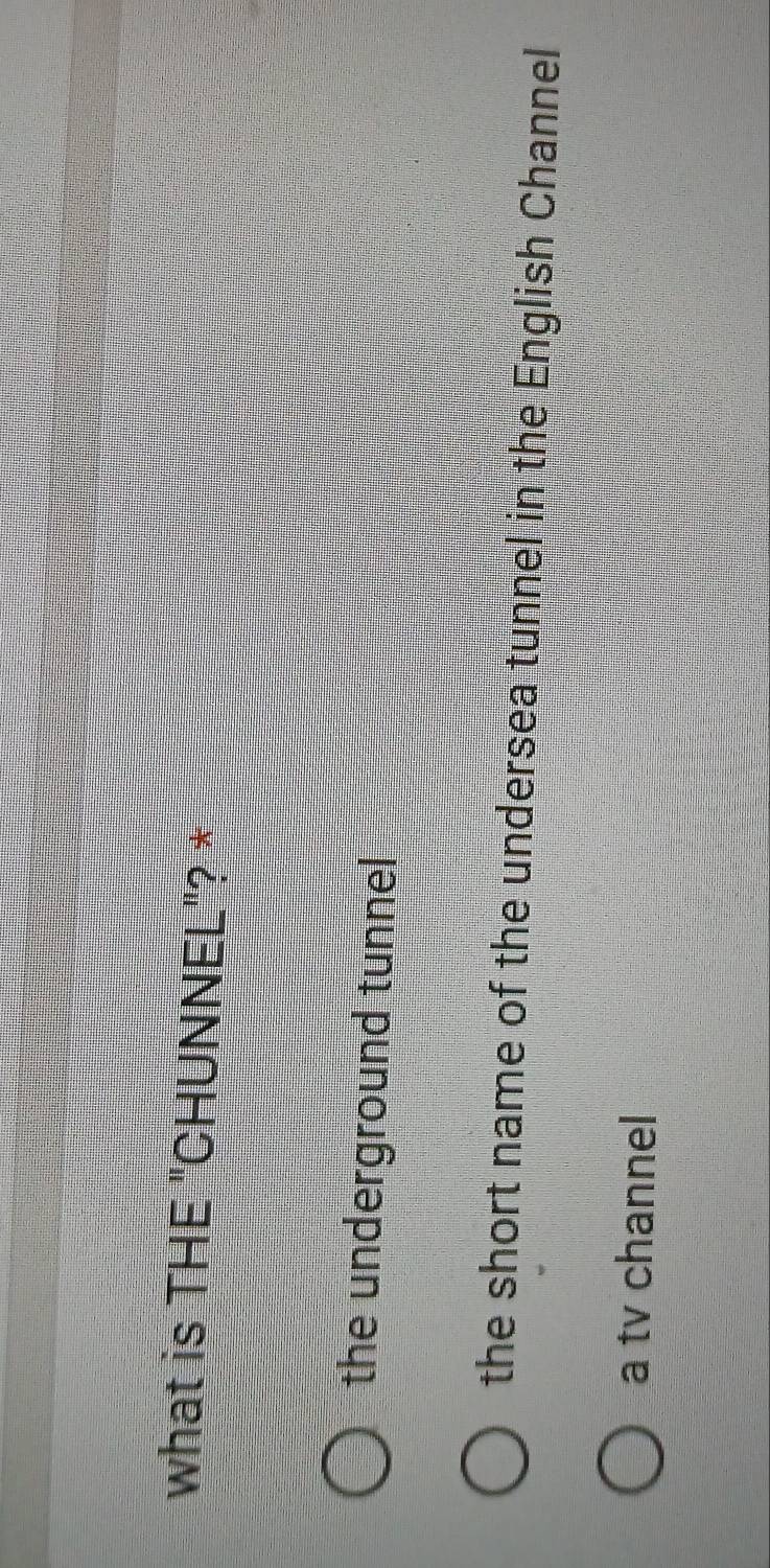 what is THE "CHUNNEL"? *
the underground tunnel
the short name of the undersea tunnel in the English Channel
a tv channel