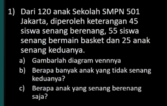 Dari 120 anak Sekolah SMPN 501
Jakarta, diperoleh keterangan 45
siswa senang berenang, 55 siswa 
senang bermain basket dan 25 anak 
senang keduanya. 
a) Gambarlah diagram vennnya 
b) Berapa banyak anak yang tidak senang 
keduanya? 
c) Berapa anak yang senang berenang 
saja?