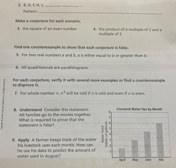 B, D, F, H, J, _-1_ -g . . . 
Pattern:_ 
Make a conjecture for each scenario. 
3. the square of an even number 4. the product of a multiple of 2 and a 
multiple of 3
Find one counterexample to show that each conjecture is false. 
5. For two real numbers a and b, a is either equal to b or greater than b. 
6. All quadrilaterals are parallelograms. 
For each conjecture, verify it with several more examples or find a counterexample 
to disprove it. 
7. For whole number n, n^3 will be odd if n is odd and even if n is even. 
5 8. Understand Consider this statement: 
All families go to the movies together. 
What is required to prove that the 
statement is false? 
9. Apply A farmer keeps track of the water 
his livestock uses each month. How can 
he use his data to predict the amount of 
water used in August?