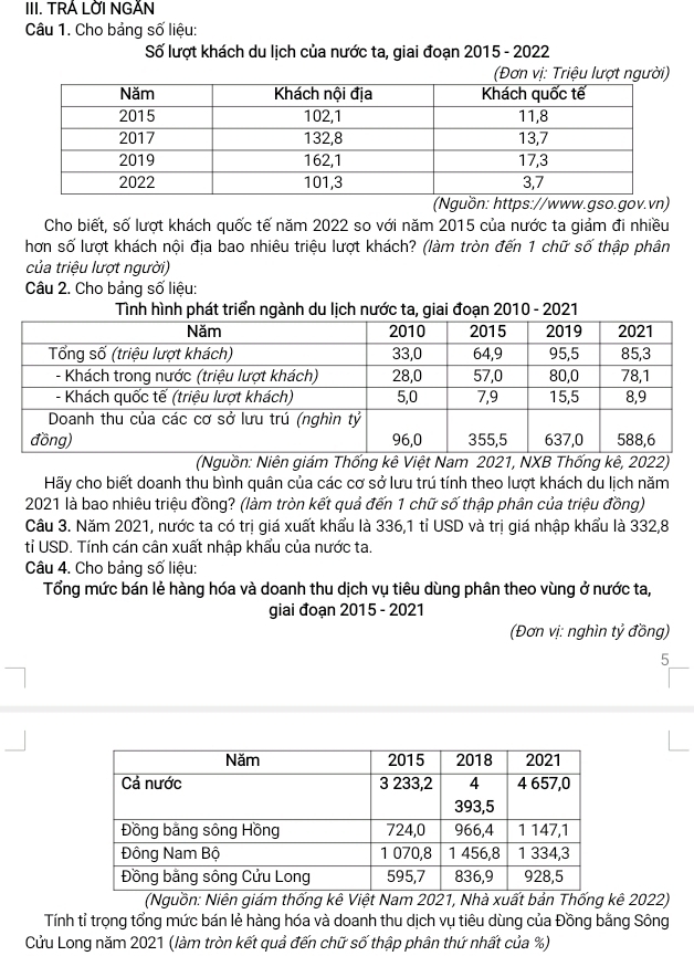 TRÁ LỜI NGĂN 
Câu 1. Cho bảng số liệu: 
Số lượt khách du lịch của nước ta, giai đoạn 2015 - 2022 
Tệu lượt người) 
(Nguồn: https://www.gso.gov.vn) 
Cho biết, số lượt khách quốc tế năm 2022 so với năm 2015 của nước ta giảm đi nhiều 
hơn số lượt khách nội địa bao nhiêu triệu lượt khách? (làm tròn đến 1 chữ số thập phân 
của triệu lượt người) 
Câu 2. Cho bảng số liệu: 
Tình hình phát triển ngành du lịch nước ta, giai đoạn 2010 - 2021 
(Nguồn: Niên giám Thống kê Việt Nam 2021, NXB Thống kê, 2022) 
Hãy cho biết doanh thu bình quân của các cơ sở lưu trú tính theo lượt khách du lịch năm 
2021 là bao nhiêu triệu đồng? (làm tròn kết quả đến 1 chữ số thập phân của triệu đồng) 
Câu 3. Năm 2021, nước ta có trị giá xuất khẩu là 336, 1 tỉ USD và trị giá nhập khẩu là 332,8 
tỉ USD. Tính cán cân xuất nhập khẩu của nước ta. 
Câu 4. Cho bảng số liệu: 
Tổng mức bán lẻ hàng hóa và doanh thu dịch vụ tiêu dùng phân theo vùng ở nước ta, 
giai đoạn 2015 - 2021 
(Đơn vị: nghìn tỷ đồng) 
5 
(Nguồn: Niên giám thống kê Việt Nam 2021, Nhà xuất bản Thống kê 2022) 
Tính tỉ trọng tổng mức bán lẻ hàng hóa và doanh thu dịch vụ tiêu dùng của Đồng bằng Sông 
Cửu Long năm 2021 (làm tròn kết quả đến chữ số thập phân thứ nhất của %)
