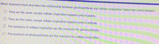 What statement best describes the relationship between photosynthesis and cellular respiration? Select two correct answers.
They are the same, except cellular respiration happens only in plants.
They are the same, except cellular respiration happens only in animals.
The products of cellular respiration are the reactants for photosynthesis.
The products of photosynthesis are the reactants for cellular respiration.