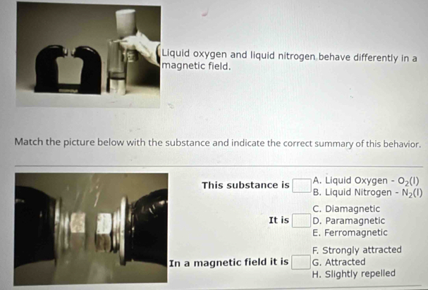 Liquid oxygen and liquid nitrogen behave differently in a
magnetic field.
Match the picture below with the substance and indicate the correct summary of this behavior.
This substance is □ A. Liquid Oxygen -O_2(l)
B. Liquid Nitrogen -N_2(l)
C. Diamagnetic
It is □ D. Paramagnetic
E. Ferromagnetic
F. Strongly attracted
In a magnetic field it is □ G. Attracted
H. Slightly repelled