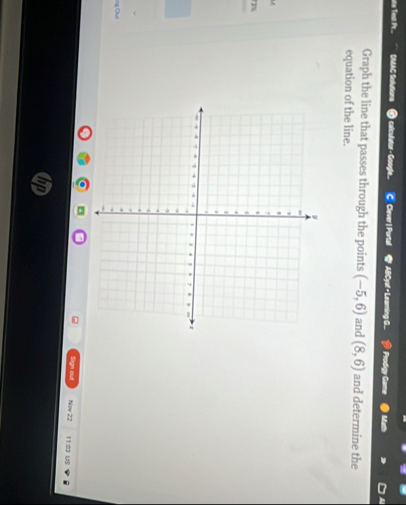 ue Test Pr.. BMAC Solutions calculator - Google Clever | Portal * ABCya! + Leaming G... Prodigy Game 
Graph the line that passes through the points (-5,6) and (8,6) and determine the 
equation of the line.
7216
91 out +22 11.0 uS