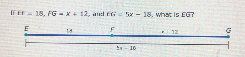 If EF=18,FG=x+12 , and EG=5x-18 , what is EG?