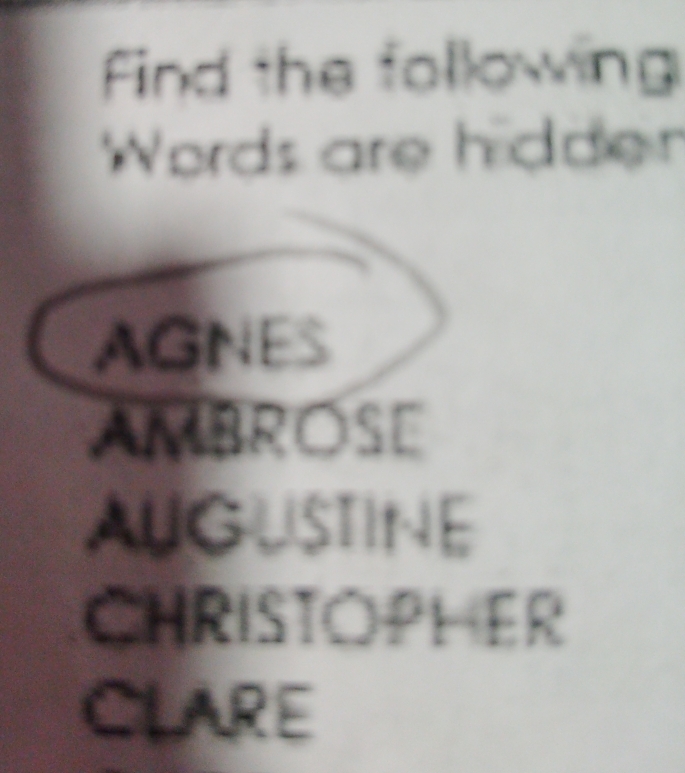 find the following
Words are hidden
AGNES
AMBROSE
AUGUSTINE
CHRISTOPHER
CLARE