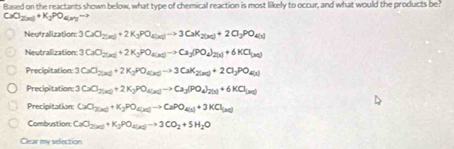 Based on the reactants shown below, what type of chemical reaction is most likely to occur, and what would the products be?
CaCl_2(x_2)+K_3PO_4(xy)to 
Neutralization: 3CaCl_2(ac)+2K_3PO_4(aq)to 3CaK_2(3c)+2Cl_3PO_4(s)
Neutralization: 3CaCl_2(3cl)+2K_3PO_4(3cl)to Ca_3(PO_4)_2(s)+6KCl_(2cl)
Precipitation 3CaCl_2(x)+2K_3PO_4(x)to 3CaK_2(x)+2Cl_3PO_4(1)
Precipitation: 3CaCl_2(3cl)+2K_3PO_4(2)_4))to Ca_3(PO_4)_2(s)+6KCl_(3cl)
Precipitation: CaCl_3(x)+K_3PO_4(x)to CaPO_4(x)+3KCl_(xq)
Combustion: CaCl_2(3c)+K_3PO_4(3c)to 3CO_2+5H_2O
Clear my selection