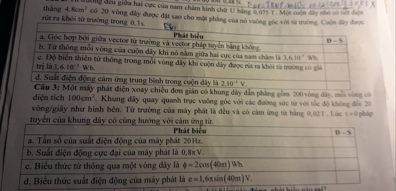 0 10h 0,48 N.
ưương đếu giữa hai cực của nam châm hình chữ U băng 0,075 T . Một cuộn dây nhỏ có tiết điễn
thắng 4,8cm^2 có 20 vòng dây được đặt sao cho mặt phẳng của 
rút ra khỏi từ trườ
u đơn giản có khung dây dẫn phẳng gồm 200 vòng dây, mội vòng có
diện tích 100cm^2. Khung dây quay quanh trục vuông góc với các đường sức từ với tốc độ không đối 20
vòng/giây như hình bên. Từ trường của máy phát là đều và có cảm ứng từ bằng 0,02T. Lúc t=0 pháp
tuyến của khung dâ