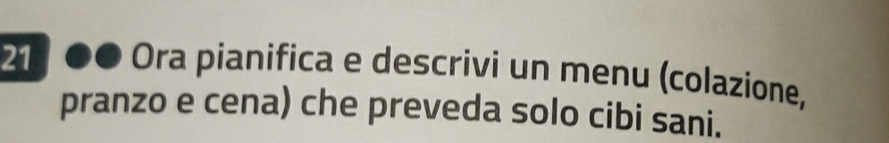 Ora pianifica e descrivi un menu (colazione, 
pranzo e cena) che preveda solo cibi sani.