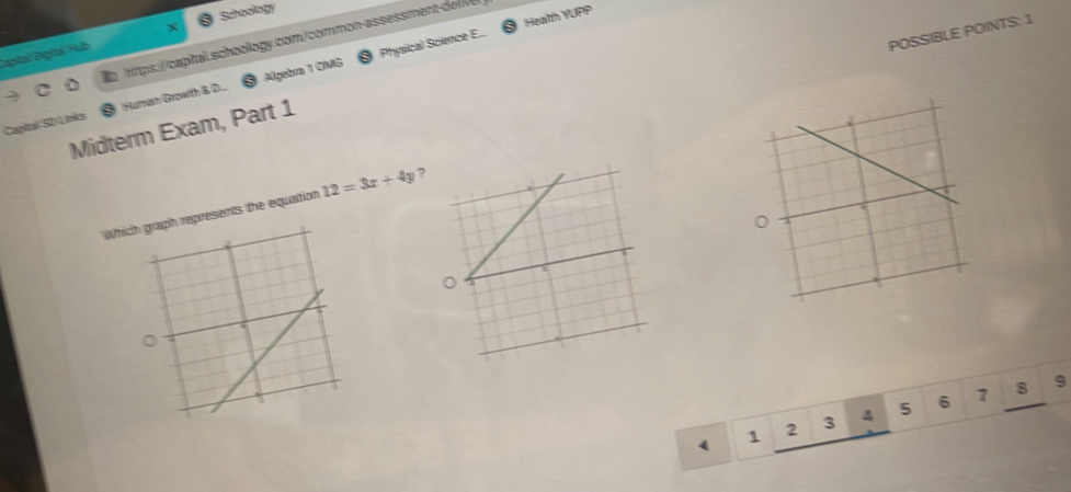 Schoollogy 
POSSIBLE POINTS: 1 
Physical Science E... Health YUPP 
https:/caital schoology.com/common-assessmentdl 
Digla Dglai Rúb 
Cantul SD Unks Human Growth & D... Algabra 1 OMS 
Midterm Exam, Part 1 
Whicpresents the equation 12=3x+4y
7 8 9
1 2 3 4 5 6
(