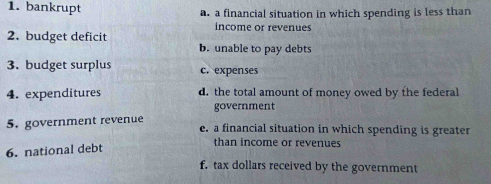 bankrupt
a. a financial situation in which spending is less than
income or revenues
2. budget deficit
b. unable to pay debts
3. budget surplus
c. expenses
4. expenditures d. the total amount of money owed by the federal
government
5. government revenue
e. a financial situation in which spending is greater
6. national debt
than income or revenues
f. tax dollars received by the government