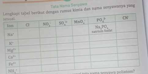 Tata Nama Senyawa
engan rumus kimia dan nạma senyawanya yang
NH_4^+
tata nama senvawa noliatom?