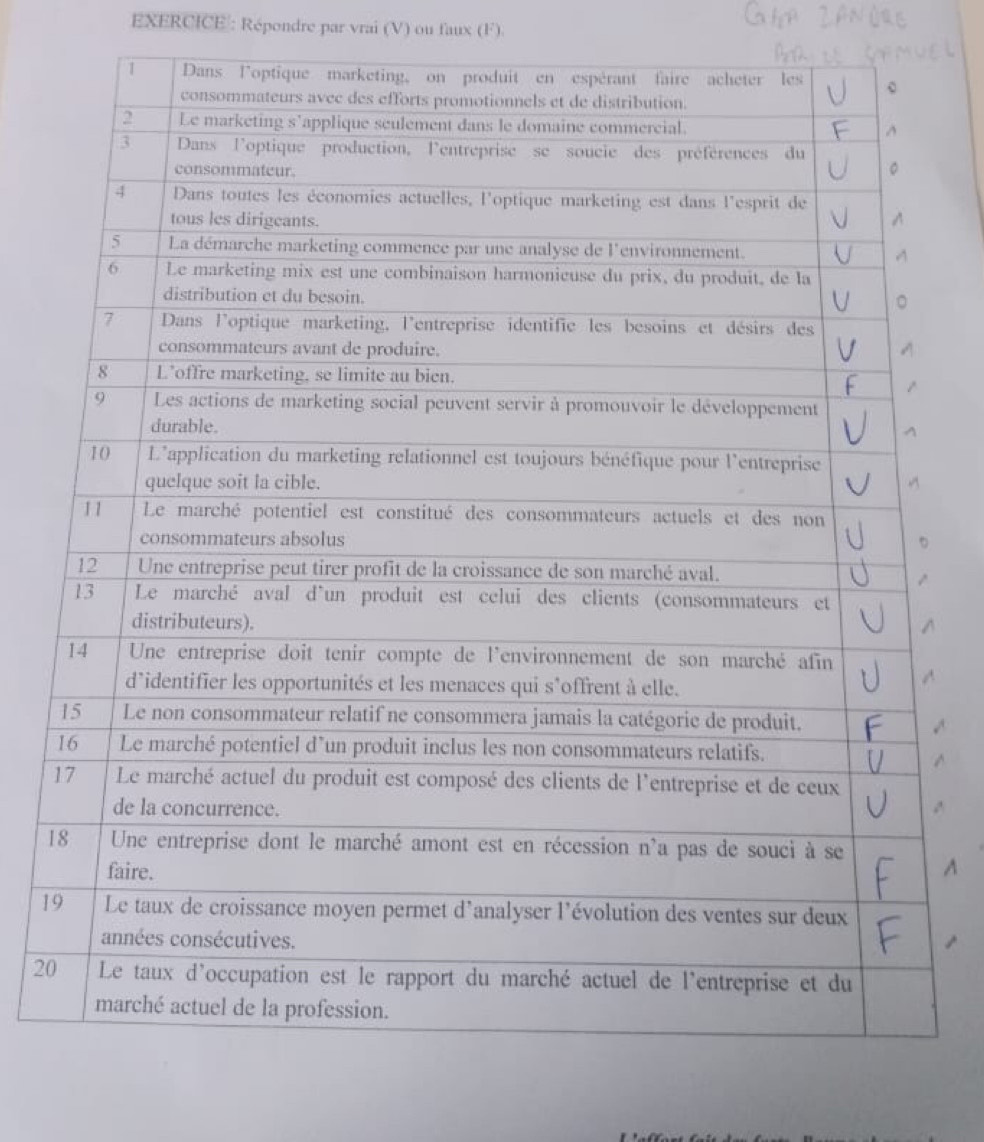 EXERCICE|: Répondre par vrai (V) ou faux (F)
1
1
1
20