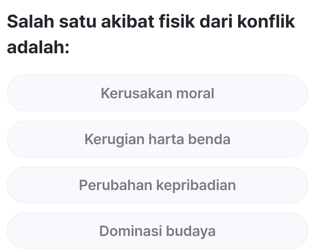 Salah satu akibat fisik dari konflik
adalah:
Kerusakan moral
Kerugian harta benda
Perubahan kepribadian
Dominasi budaya