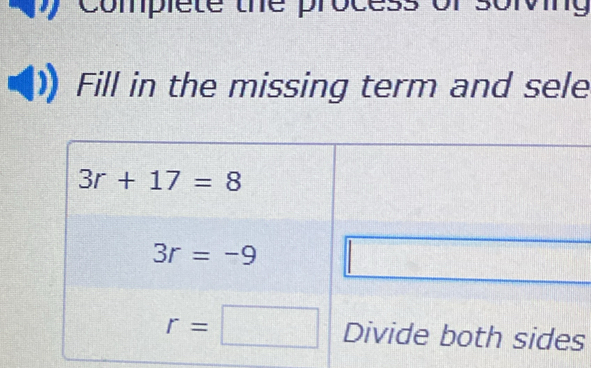 ompiete the process or
Fill in the missing term and sele
s