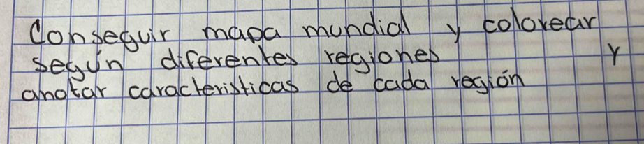 conseguir mapa mundial y colorear 
segin diferentes regiones
Y
anotar caracteristicas de cada region
