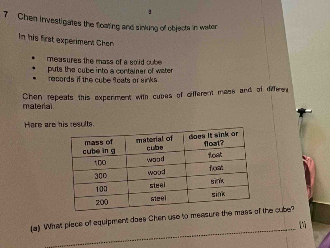 Chen investigates the floating and sinking of objects in waterr 
In his first experiment Chen 
measures the mass of a solid cube 
puts the cube into a container of water 
records if the cube floats or sinks. 
Chen repeats this experiment with cubes of different mass and of different 
material. 
Here are his results. 
_ 
(a) What piece of equipment does Chen use to measure tthe cube? 
[1]