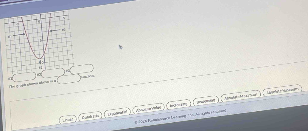 #2
#1
The graph shown above is a function.
Increasing Decreasing Absolute Maximun Absolute Minimum
Linear Quadratic Exponential Absolute Value
© 2024 Renaissance Learning, Inc. All rights reserved.