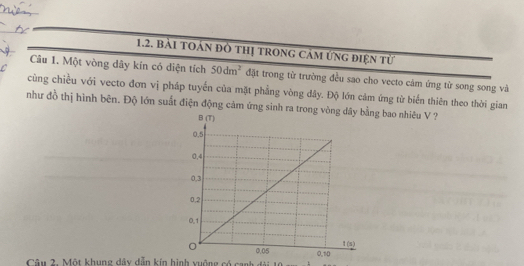 bài toán đô thị trong cảm ứng điện từ
Câu 1. Một vòng dây kín có diện tích 50dm^2 đặt trong từ trường đều sao cho vecto cảm ứng từ song song và
cùng chiều với vecto đơn vị pháp tuyển của mặt phẳng vòng đây. Độ lớn cảm ứng từ biển thiên theo thời gian
như đồ thị hình bên. Độ lớn suất điện động cảm ứng sinh ra trằng bao nhiêu V ?
Câu 2. Một khung dây dẫn kín hình vuộng có canh đài 10