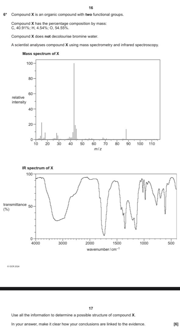 16
6° Compound X is an organic compound with two functional groups. 
Compound X has the percentage composition by mass: 
C, 40.91%; H, 4.54%; O, 54.55%. 
Compound X does not decolourise bromine water. 
A scientist analyses compound X using mass spectrometry and infrared spectroscopy. 
IR spectrum of X
100
transmittance 50
(%)
0
4000 3000 2000 1500 1000 500
wavenumber /cm^(-1)
© OCR 2024 
17 
Use all the information to determine a possible structure of compound X. 
In your answer, make it clear how your conclusions are linked to the evidence. [6]