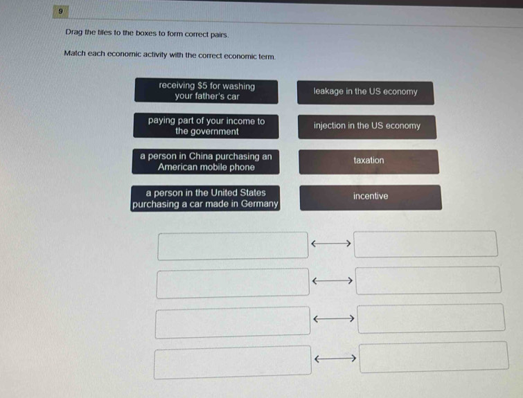 Drag the tiles to the boxes to form correct pairs.
Match each economic activity with the correct economic term.
receiving $5 for washing leakage in the US economy
your father's car
paying part of your income to injection in the US economy
the government
a person in China purchasing an taxation
American mobile phone
a person in the United States incentive
purchasing a car made in Germany