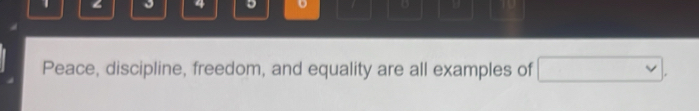 1 
4 。 / D 
Peace, discipline, freedom, and equality are all examples of x_1+x_2= □ /□   vee