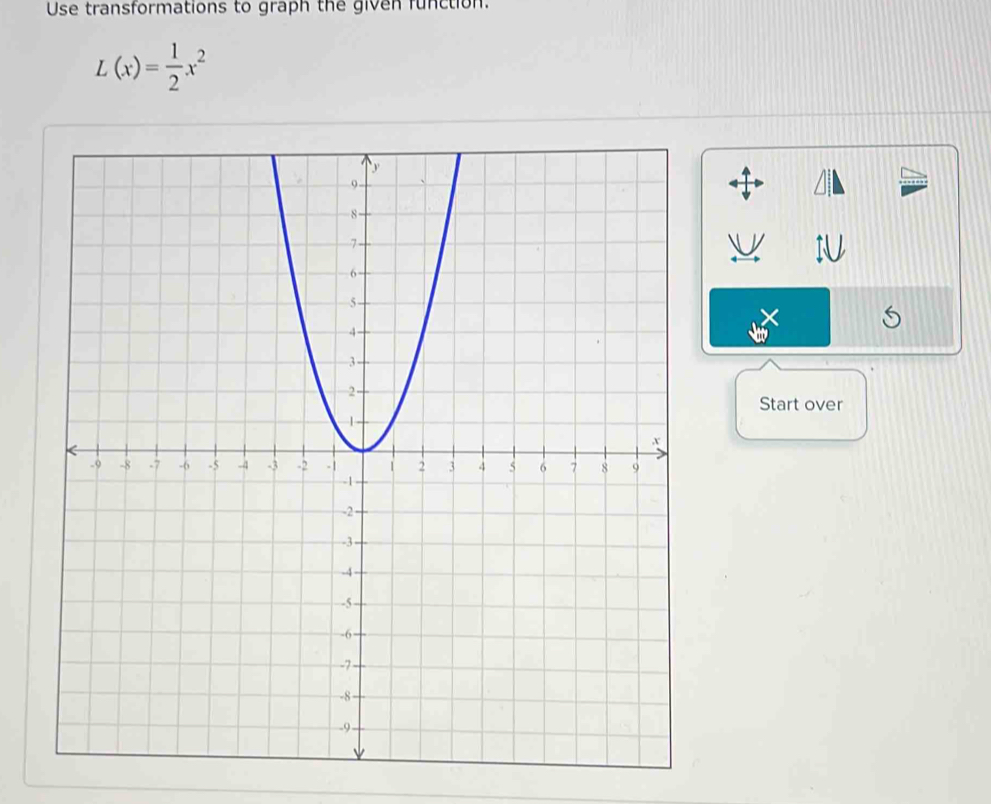 Use transformations to graph the given function.
L(x)= 1/2 x^2
Start over