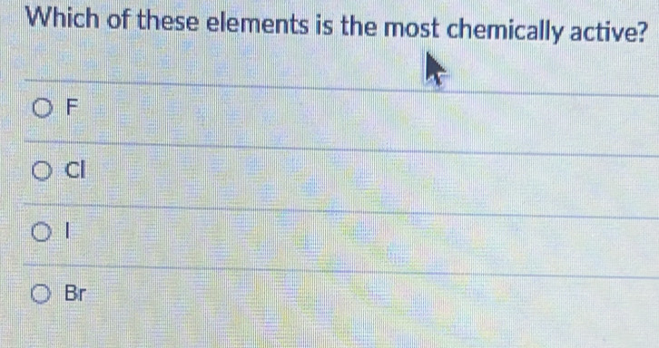 Which of these elements is the most chemically active?
F
Cl
|
Br