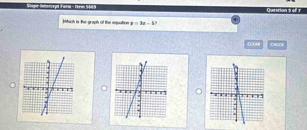 Slope-Intercept Form - Item 5669 
Question 5 of 7 
Which is the graph of the equation y=3x-5 ? 
CLEAR CHECK