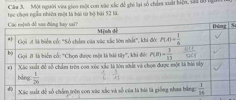 Một người vừa gieo một con xúc xắc để ghi lại số chấm xuất hiện, sau đồ lgữ
tục chọn ngẫu nhiên một lá bài từ bộ bài 52 lá.
S