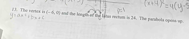 The vertex is (-6,0) and the length of the latus rectum is 24. The parabola opens up.