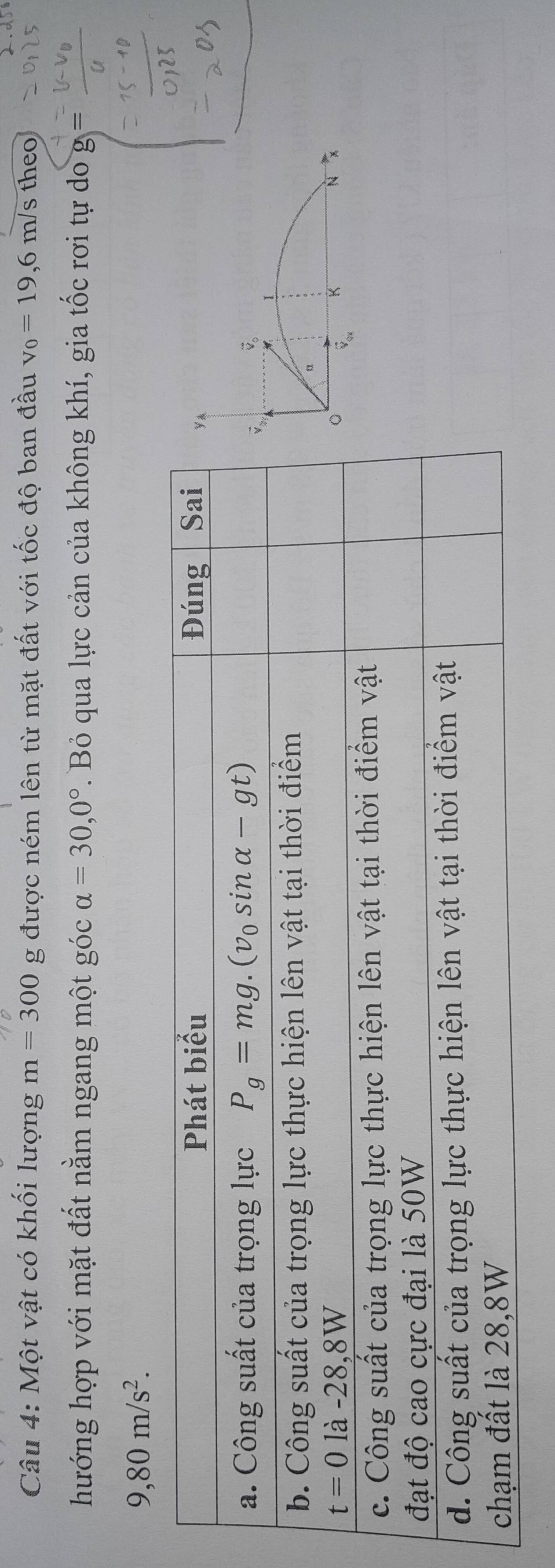 Một vật có khối lượng m=300 g được ném lên từ mặt đất với tốc độ ban đầu v_0=19,6m/s theo
hướng hợp với mặt đất nằm ngang một góc alpha =30,0°. Bỏ qua lực cản của không khí, gia tốc rơi tự do
9,80m/s^2.