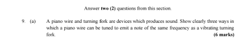 Answer two (2) questions from this section. 
9. (a) A piano wire and turning fork are devices which produces sound. Show clearly three ways in 
which a piano wire can be tuned to emit a note of the same frequency as a vibrating turning 
fork. (6 marks)